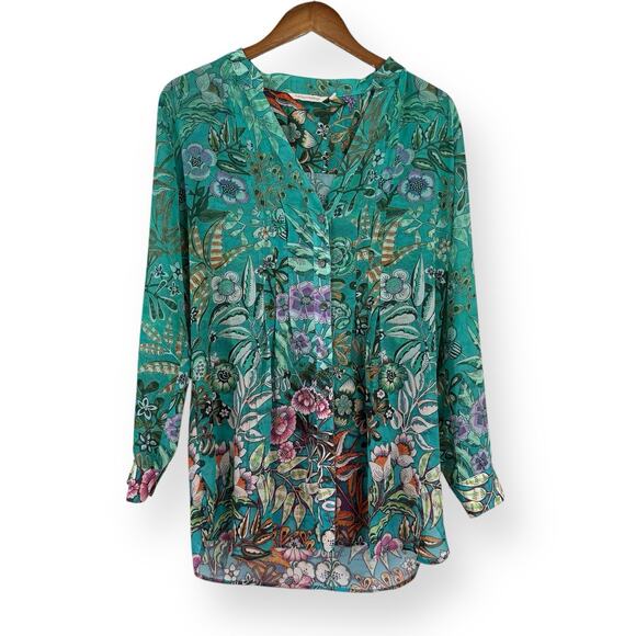 Soft Surroundings Tops - Soft Surroundings Luau Garden Blouse Womens S Green Floral Pintuck Sheer Chiffon
